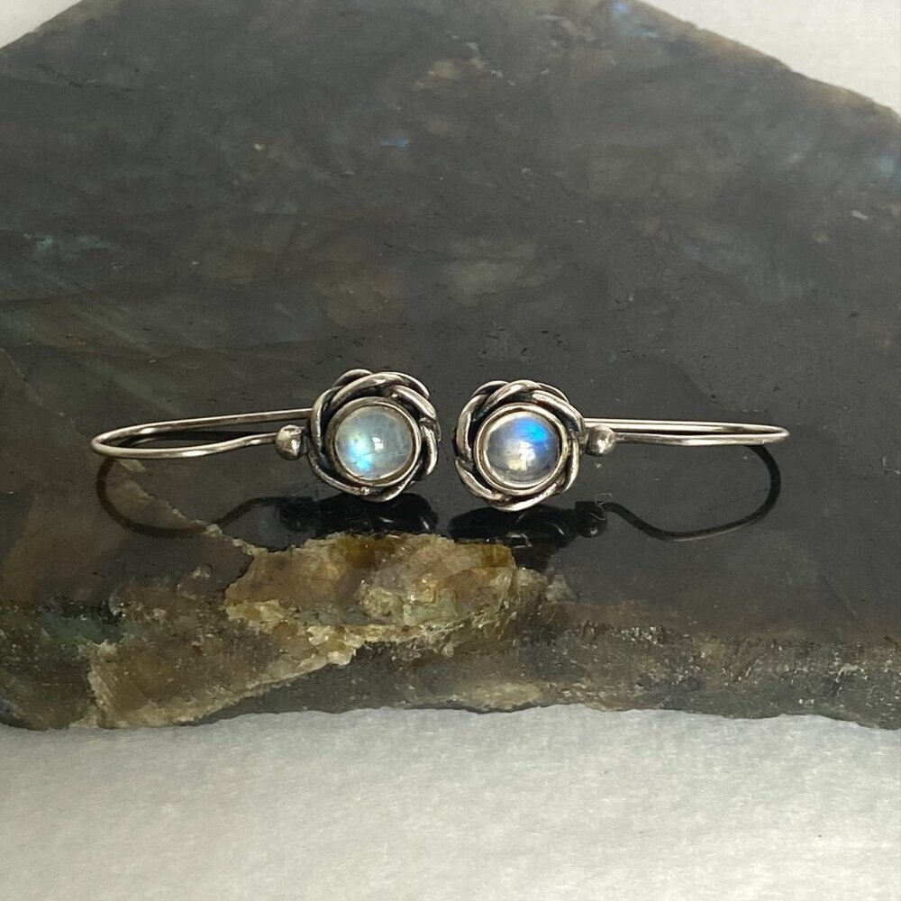 Sterling Silver 925 Round Floral Moonstone Drop Dangle Earrings - Picture 6 of 16